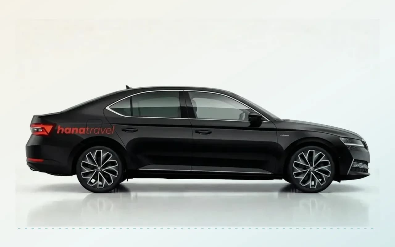 Antalya Airport transfer for 3 passengers Side view of a black Skoda Superb or Ford Focus used for Antalya Airport transfers.